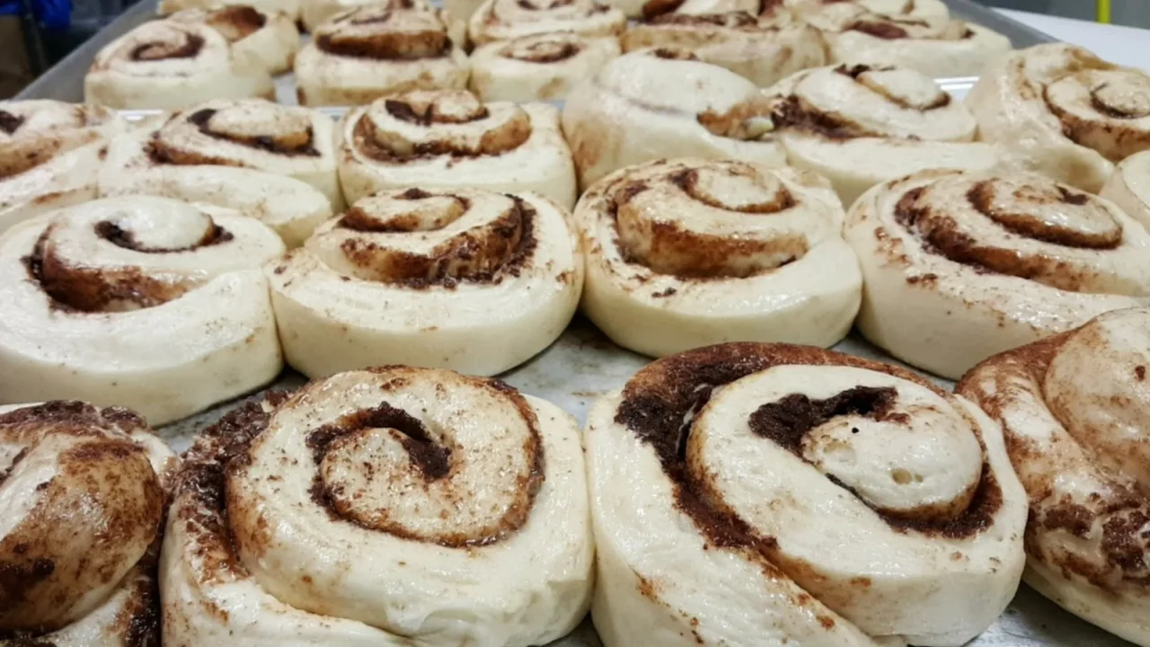 raw cinnamon rolls on a pan ready for baking