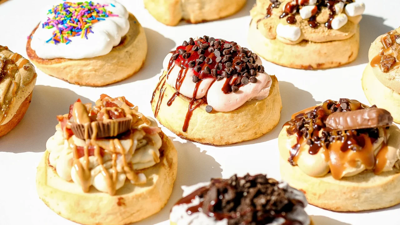 side view of several varieties of cinnamon rolls from the omaha bakery