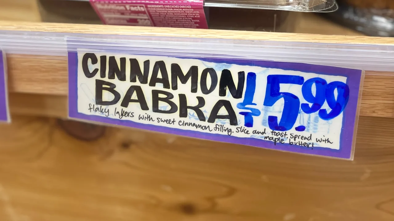 Trader Joe's Cinnamon Brooklyn Babka Bread sign