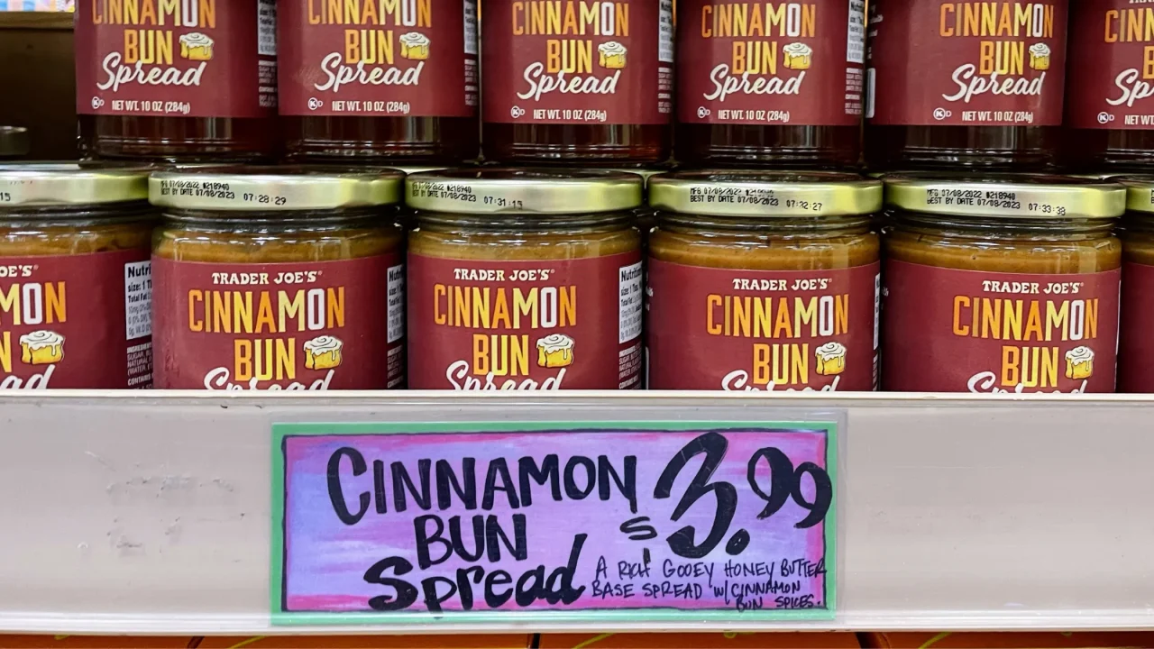 Trader Joe's Cinnamon Bun Spread with sign in store