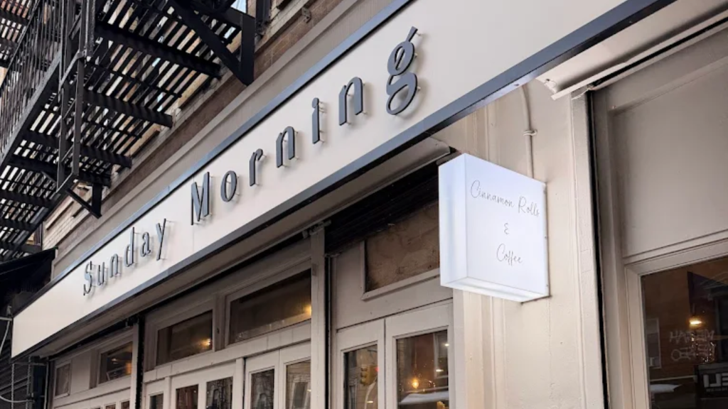Exterior of Sunday Morning bakery in New York City with signage and entrance visible